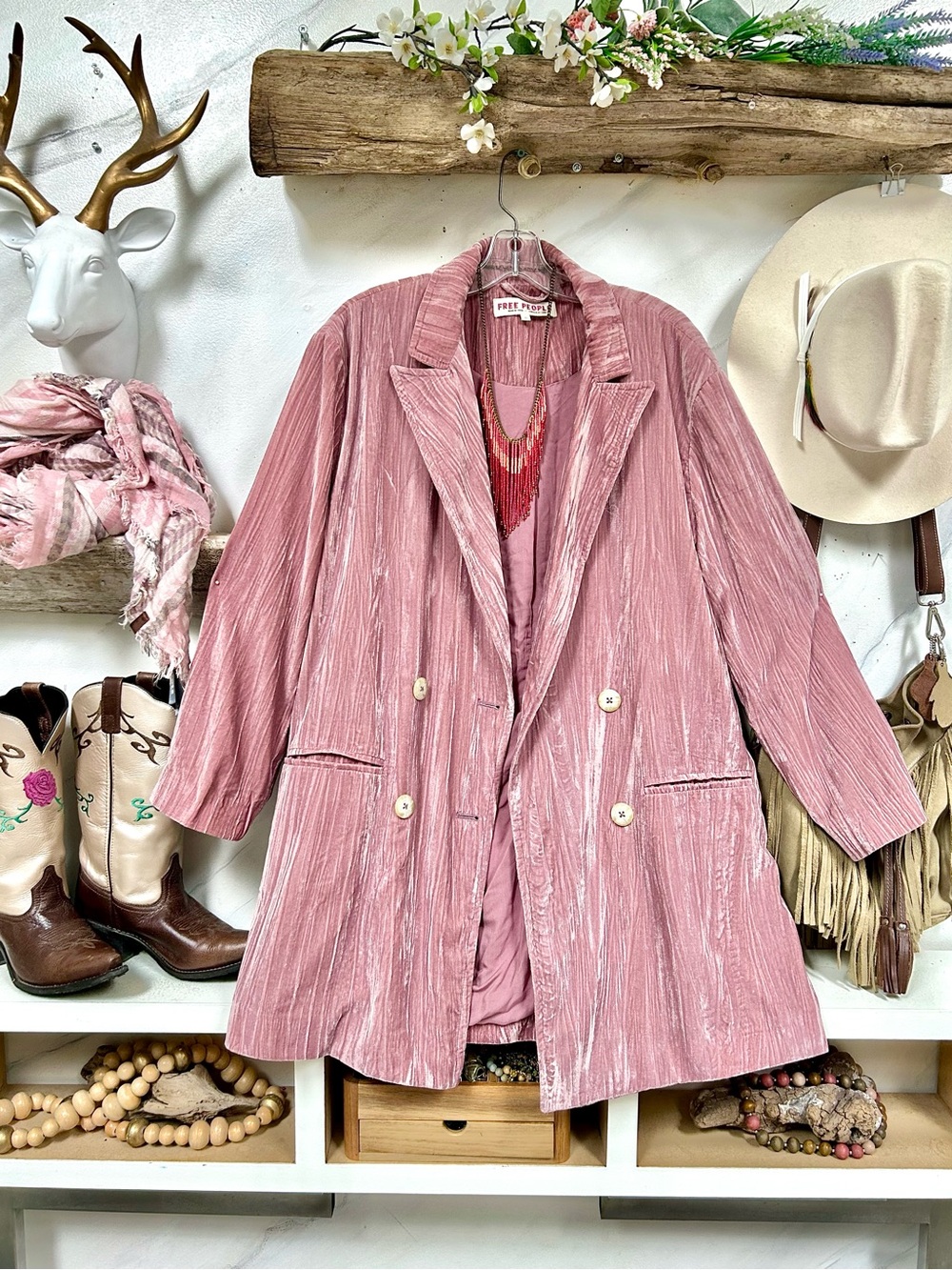 Free People Blush Pink Velvet Longline boho Jacket luxury resort shabby chic vib